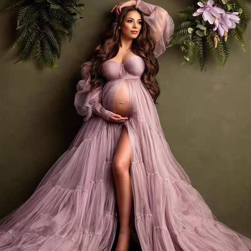 Europe and the United States new bean color off-shoulder long bubble sleeve evening dress sexy high waist pregnant women photo studio wedding dress