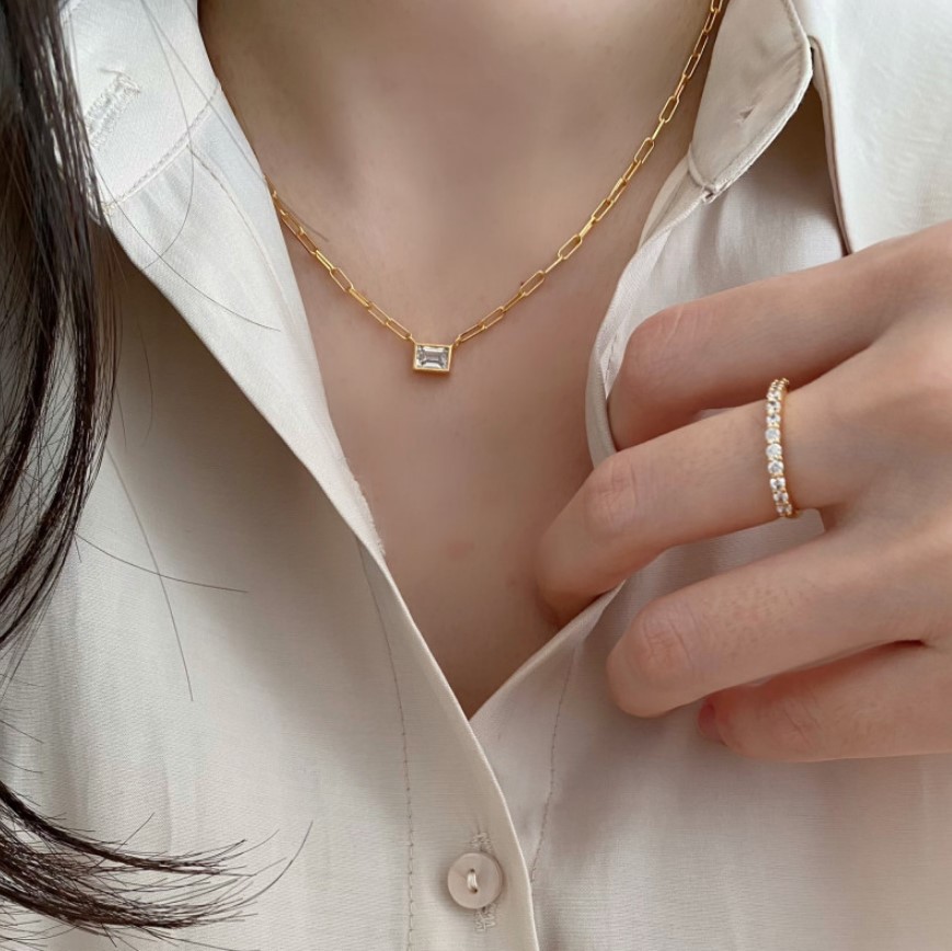 Zircon Inlay Material 925 Sterling Silver Zircon Paperclip Chain Inlay Rectangle Necklace
