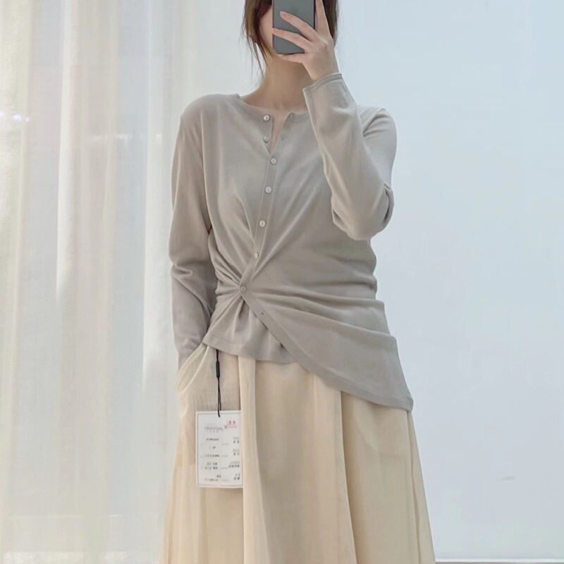 Round Neck 16-Gauge Fine All-Wool Knit Lightweight Cardigan, Slim-Fit Waist-Cinching Knit Sweater with Long Sleeves