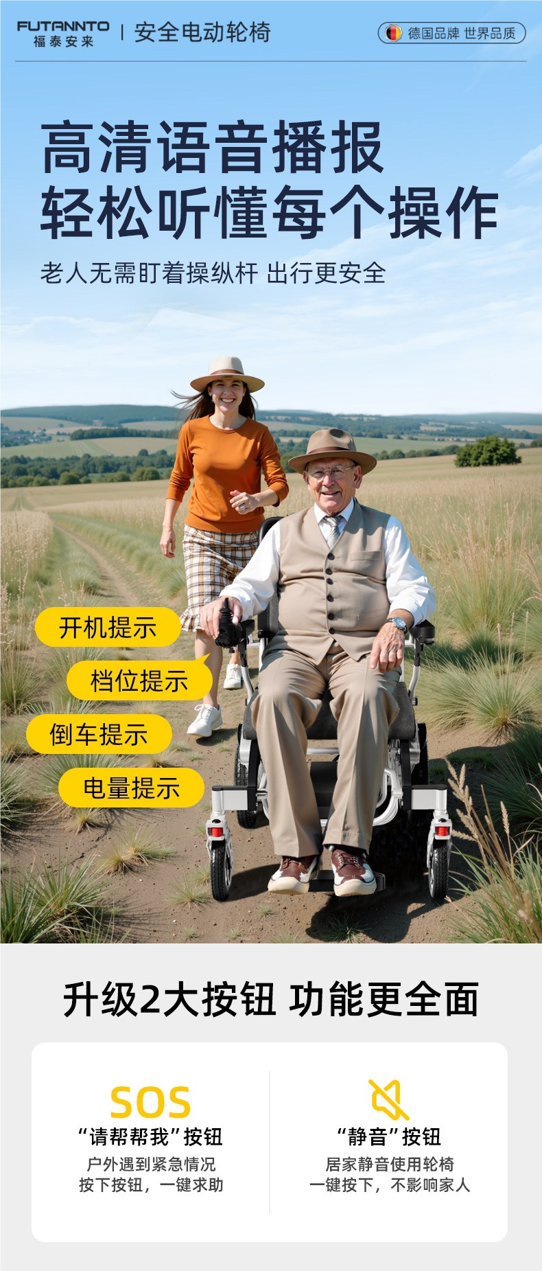 High-end new electric wheelchair, intelligent and fully automatic, specially designed for disabled and paralyzed elderly, foldable, lightweight, and luxurious mobility aid