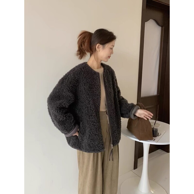 2025 Autumn/Winter Round Neck Pure Sheep Shearling Grain Sheep Fur Integrated Fur Coat for Women, Mid-Length, Elegant Commuter Style