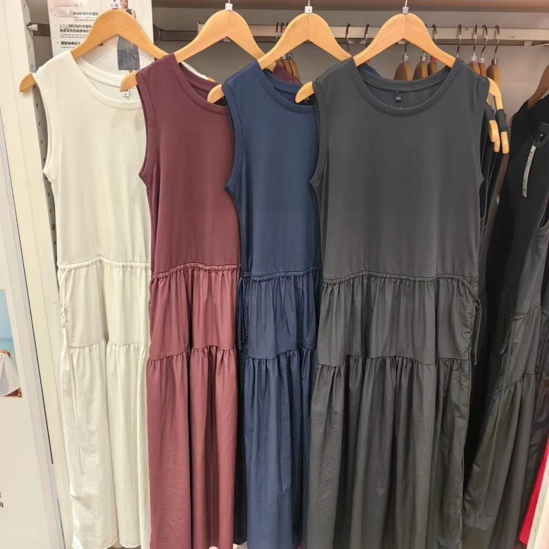 Patchwork layered casual dress, sleeveless women's dress, summer mid-length dress with drawstring, loose and cool style, 487286 Patchwork layered casual dress, sleeveless women's dress, summer mid-length dress with drawstring, loose and cool style, 487286