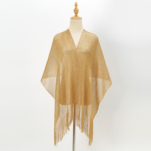 Hot-selling New Simple and Versatile Bikini Sun Protection Scarf with Gold and Silver Wire Fringes Long Women's Scarf