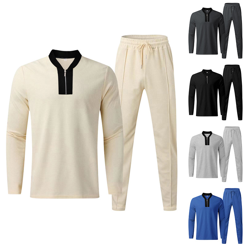 2023 hombres transfronterizos otoño nuevo waffle pantalones de manga larga traje costura collar medio zip traje casual