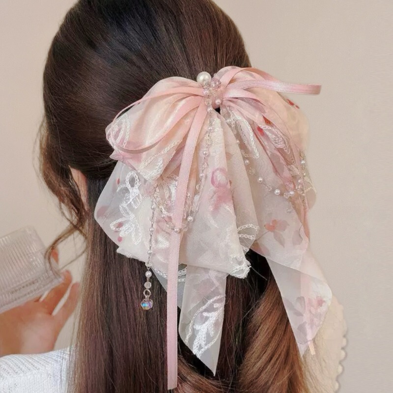 Light Luxury Mesh Floral Bow Ponytail Clip, High-End Floral Embroidered Hair Clip, High-Looking Ponytail Clip