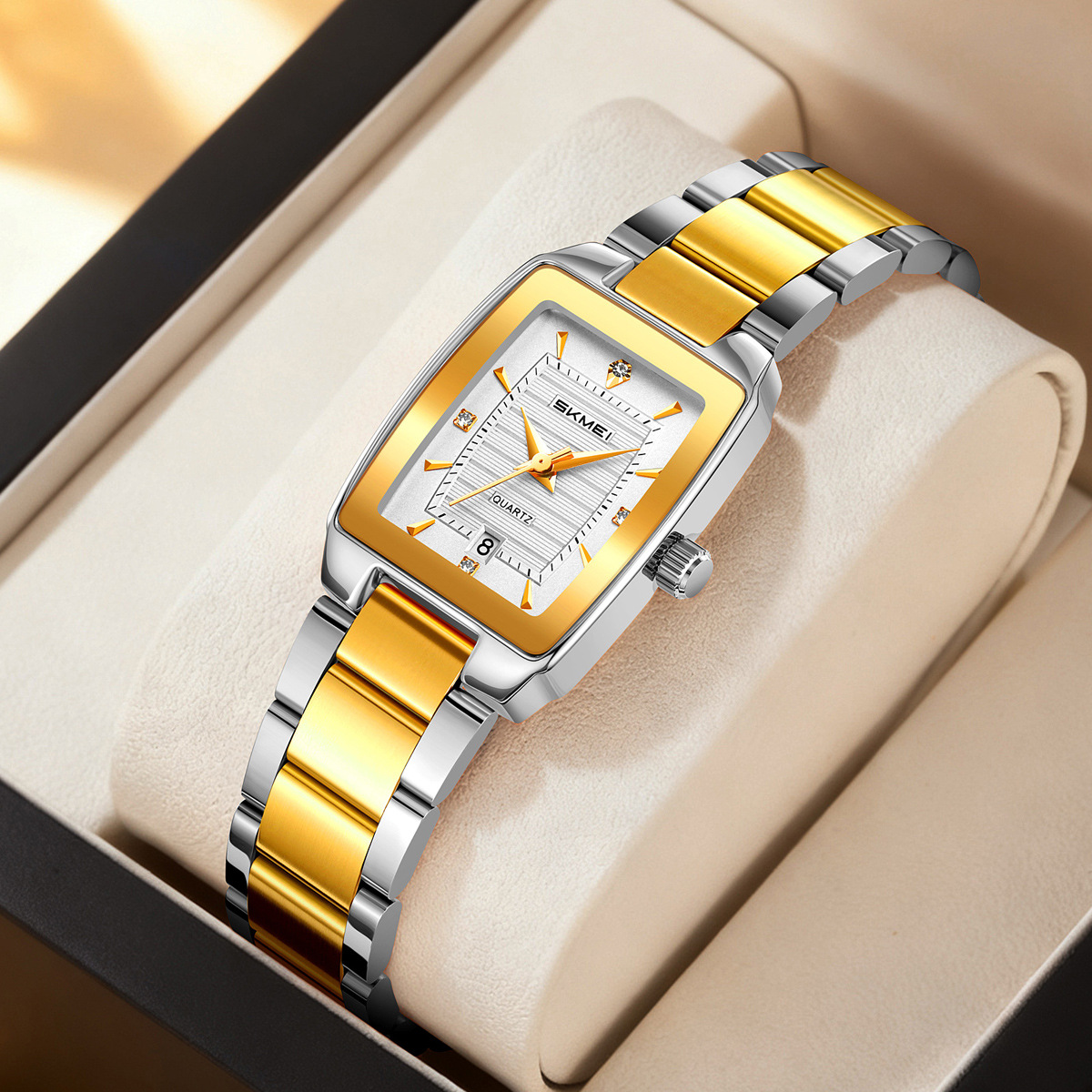 Momento de belleza reloj de acero reloj de mujer de negocios cuadrado impermeable calendario único reloj de cuarzo transfronterizo al por mayor spot