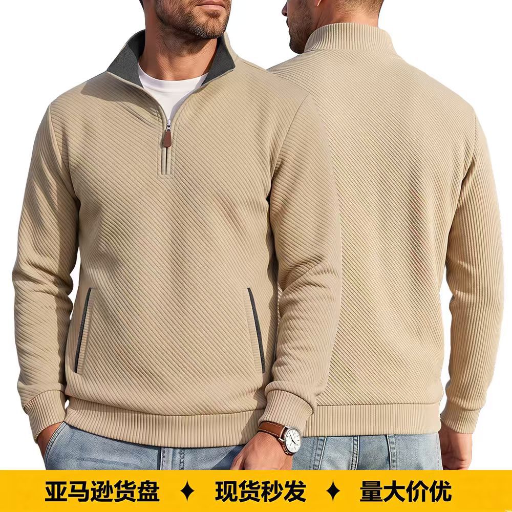 Cross-border TK men's textured jacquard stand-up collar top, foreign trade American style spring and autumn zippered pocket pullover casual sweatshirt