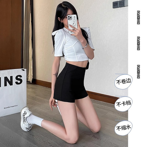 Women's Versatile Slimming Elastic A-line Summer Shorts, Black High-Waisted, Outerwear, Girl Group Fitted Pants