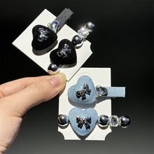 新款高级感牛仔发夹兔毛发卡水钻边夹蝴蝶结鸭嘴夹爱心刘海夹发饰