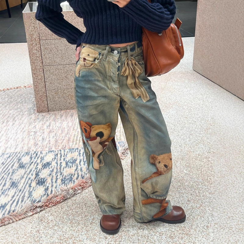 Correct Version of Ac2025 Autumn and Winter Niche Design Bear Illusion Print Loose Straight Jeans for Women