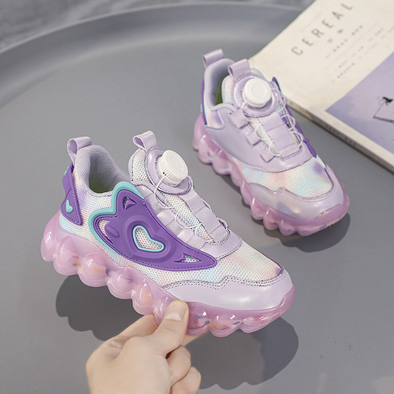 Comercio exterior transfronterizo para niñas, primavera y verano 2025, zapatos deportivos transpirables de malla para niños, zapatos para correr con hebilla giratoria para niños y niñas de mediana edad