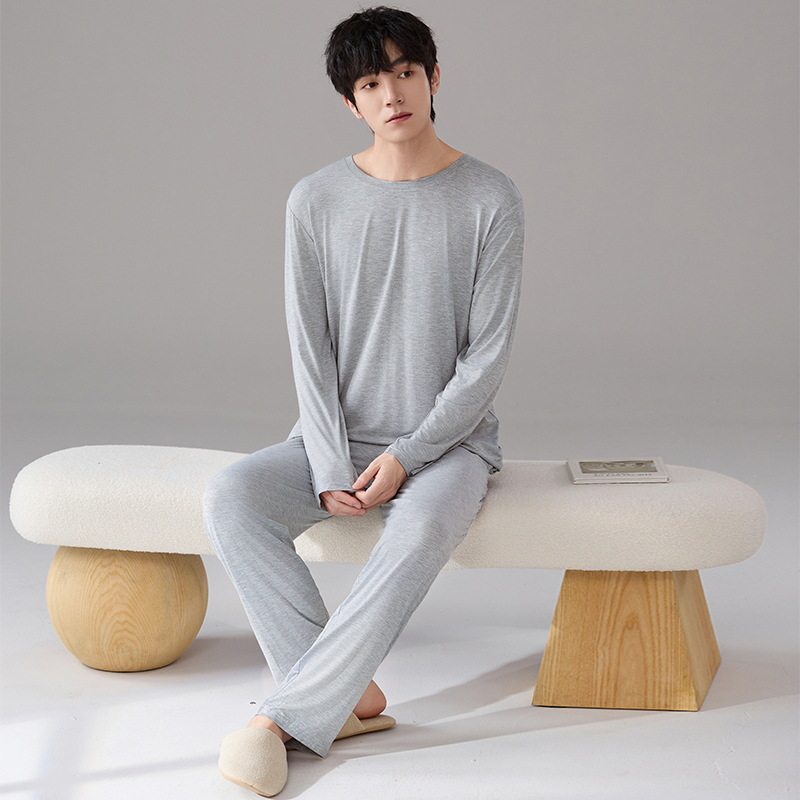 Pijamas modales para hombres primavera y otoño pantalones largos de mangas largas sueltos de tamaño grande verano para hombres simple set de ropa de casa gris