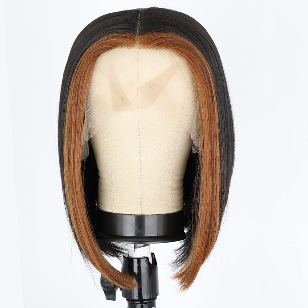 European and American Style Lace Front Wig for Women, Gradient Color Highlights, Bob Haircut, Short Straight Synthetic Hair, Wholesale, Can Be Permed and Dyed