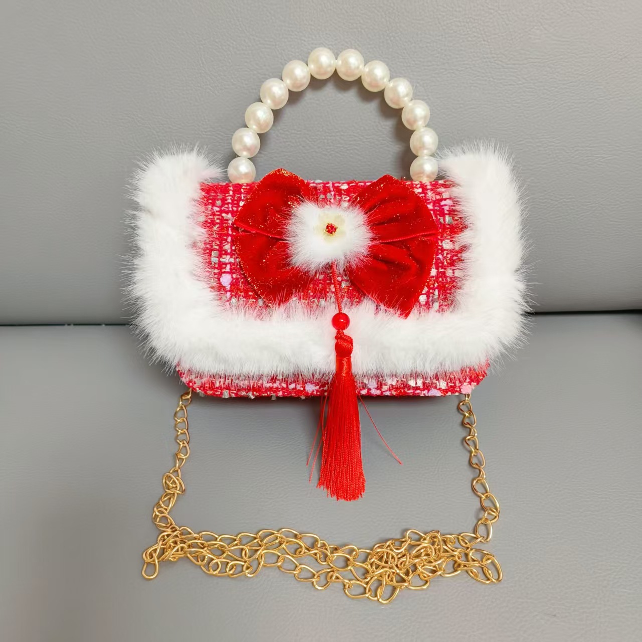 Gran bolso portátil de perla roja, cadena de arco, bolso cuadrado, bolso de Año Nuevo para chicas, bolso de Año Nuevo, viento fragante