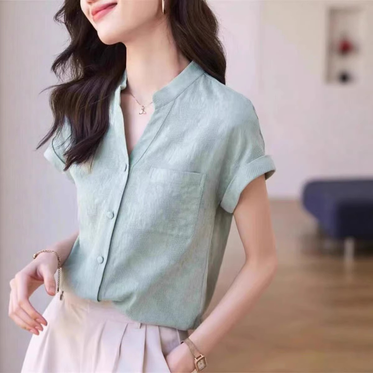 Áo sơ mi nữ liền vai chất liệu cotton linen phong cách Hàn Quốc — xanh lá cây