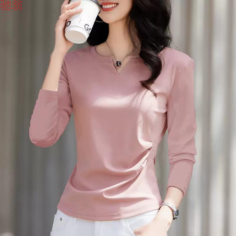 Y9Z Solid Color Small V-Neck Long-Sleeve T-Shirt for Women, New Autumn Style with Ruched Waist, Elegant and Versatile Top