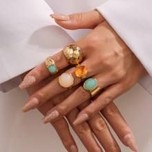 亚马逊跨境热卖潮流配饰复古民族风合金女士戒指树脂多件套戒指