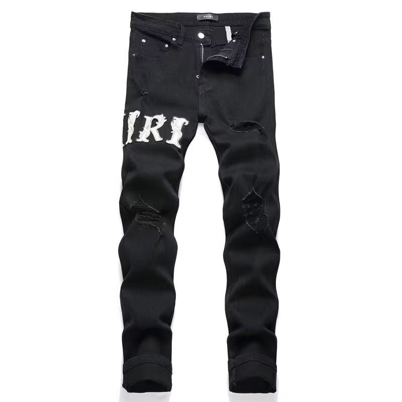 Correct High Version Amiri Export Style Punk Retro Ripped Slim Stretch Printed and Dyed Small-Leg Jeans