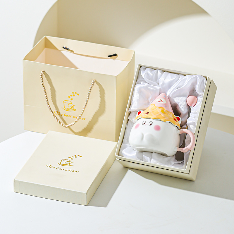 Taza de caricatura de cerámica de alta cara, taza de regalo para una amiga, taza de corazón de una niña, taza de desayuno casera