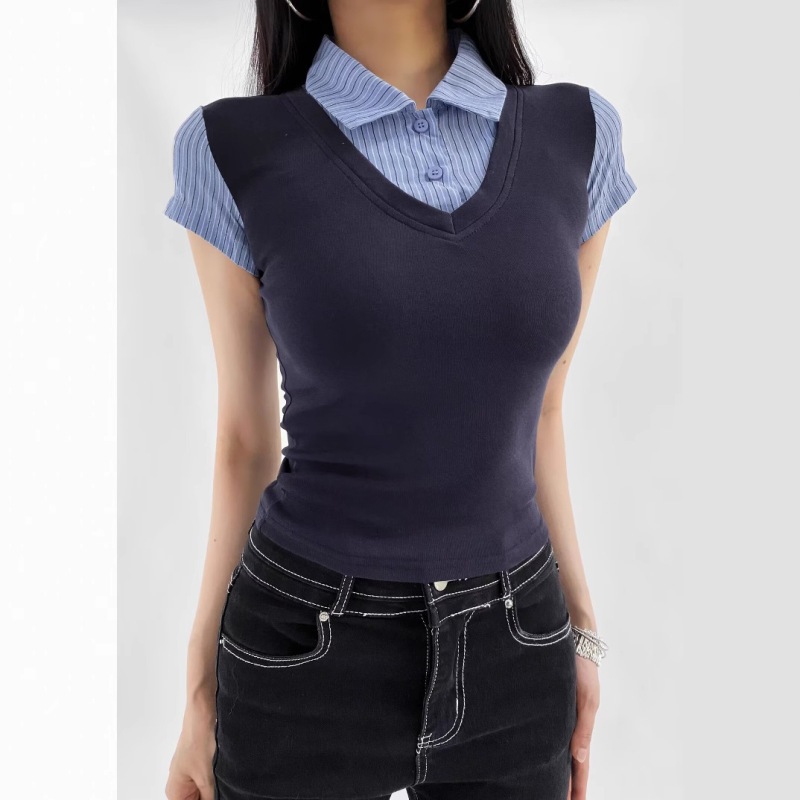 Age-Reducing Preppy Style Fake Two-Piece Shirt Short-Sleeved T-Shirt for Women 2025 Summer New Hot Girl Versatile Slim Color Matching Top Age-Reducing Preppy Style Fake Two-Piece Shirt Short-Sleeved T-Shirt for Women 2025 Summer New Hot Girl Versatile Slim Color Matching Top