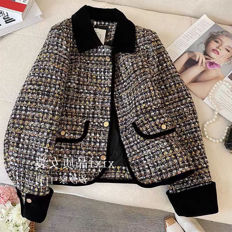Black Gold Chanel-Style Jacket for Women, Versatile and Stylish, New Spring and Autumn Fashion, Exquisite French Quilted Tweed Short Coat