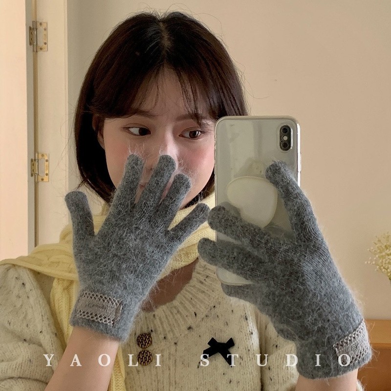 含兔毛蕾丝边贴布～秋冬氛围针织纯色毛线手套女保暖露指可触屏|undefined