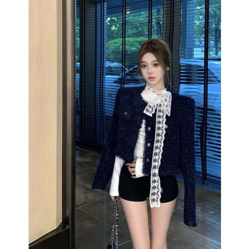 三件套女2025早秋季新款富家千金小香风蓝色外套T恤上衣黑色短裤|undefined