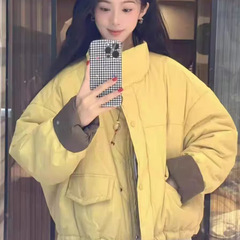 厂家直销冬时尚立领夹棉撞色棉服外套女高级感小个子宽松百搭棉衣