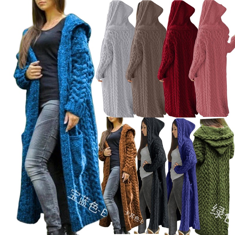 Cross-Border European and American Knitted Plus Size Women's New Foreign Trade Cardigan Braided Hooded Long Solid Color Sweater Jacket for Women