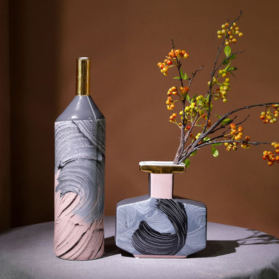 现代简约金边彩色陶瓷花瓶创意家居装饰花器客厅电视柜工艺品摆设