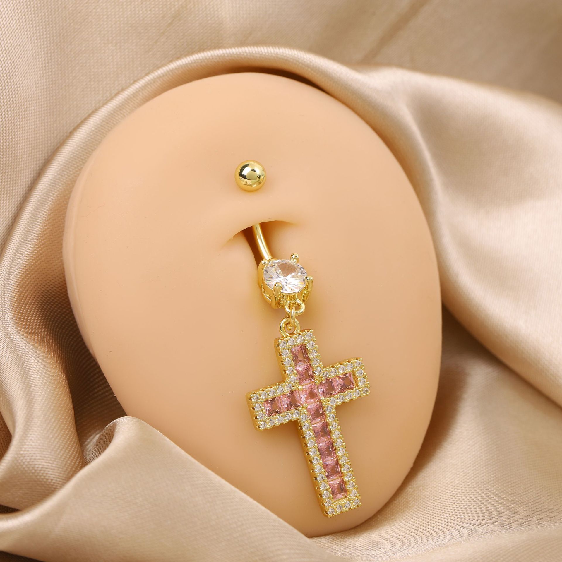 Piercing per ombelico personalizzato con anello a croce tempestato di diamanti, in rame rosa e zircone, gioiello con diamanti_voghion.com