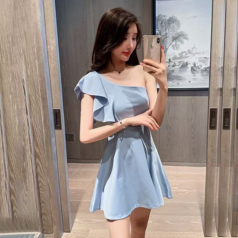Celebrity Light Luxury High-End Three-Dimensional Ruffled Shoulder Dress Female Celebrity Waist-Cinching Off-Shoulder Slit Dress
