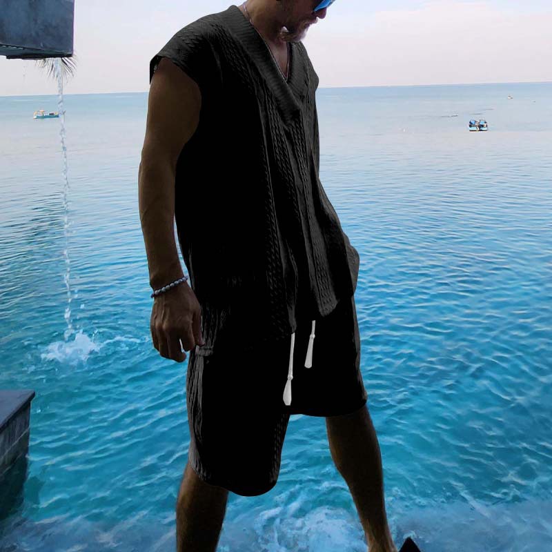 Men's Summer Jacquard Knit Short Sleeve Shirt And Shorts Set, Comfortable Casual Lounge Wear_viptrois.com