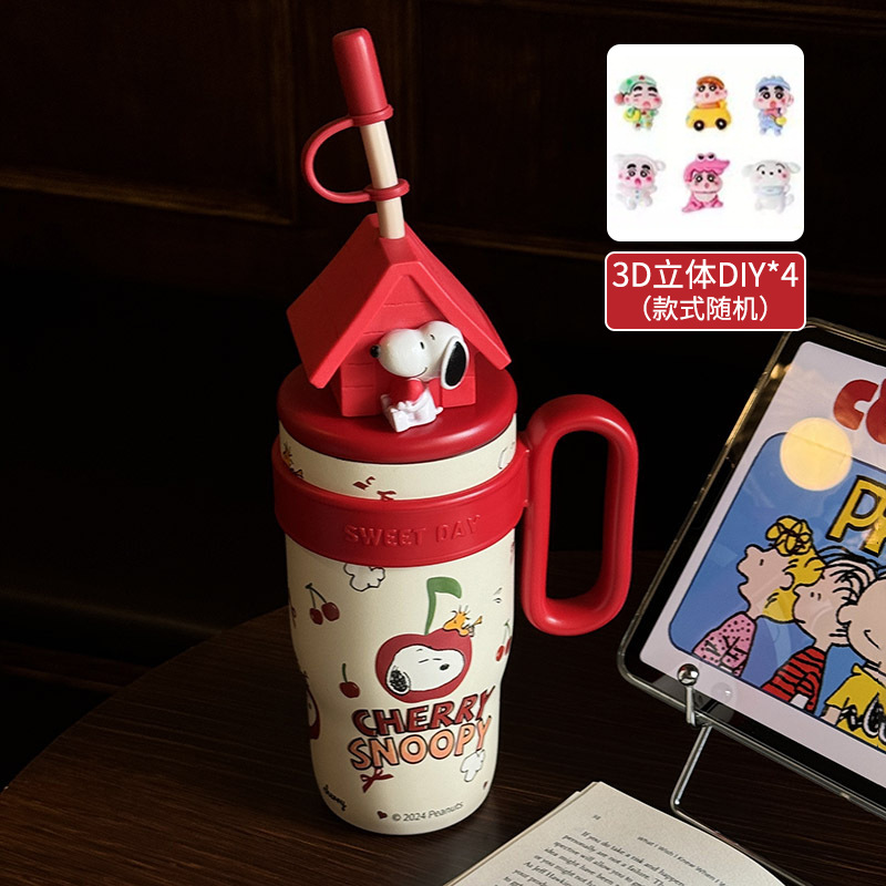 Vaso térmico Snoopy 316 acero inoxidable, mantiene frío y calor, con popote, ideal para deporte o exterior.