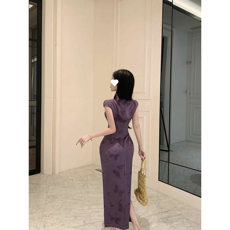 Purple, Flattering, New Chinese-style, High-end, Improved Printed Short-sleeve Cheongsam, 2025 Summer Elegant Long Dress_ecoleips.com
