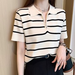 女性の襟の半袖のシャツの女性の夏の新型の洋気の襟のストライプの氷の糸のニットの上着