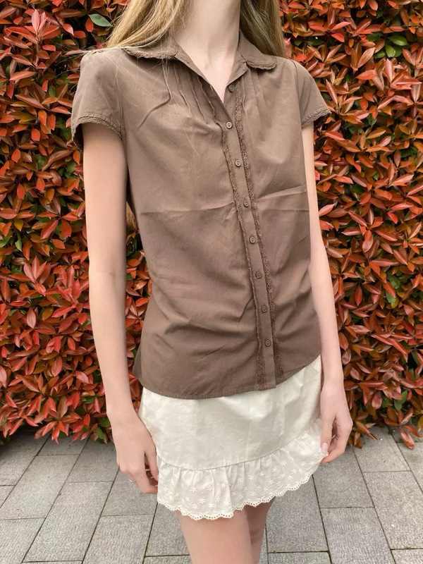 Bm Style New Brown Lace Doll Collar Short-Sleeve Shirt for Women, Sweet and Slim-Fit, Versatile Top Bm Style New Brown Lace Doll Collar Short-Sleeve Shirt for Women, Sweet and Slim-Fit, Versatile Top