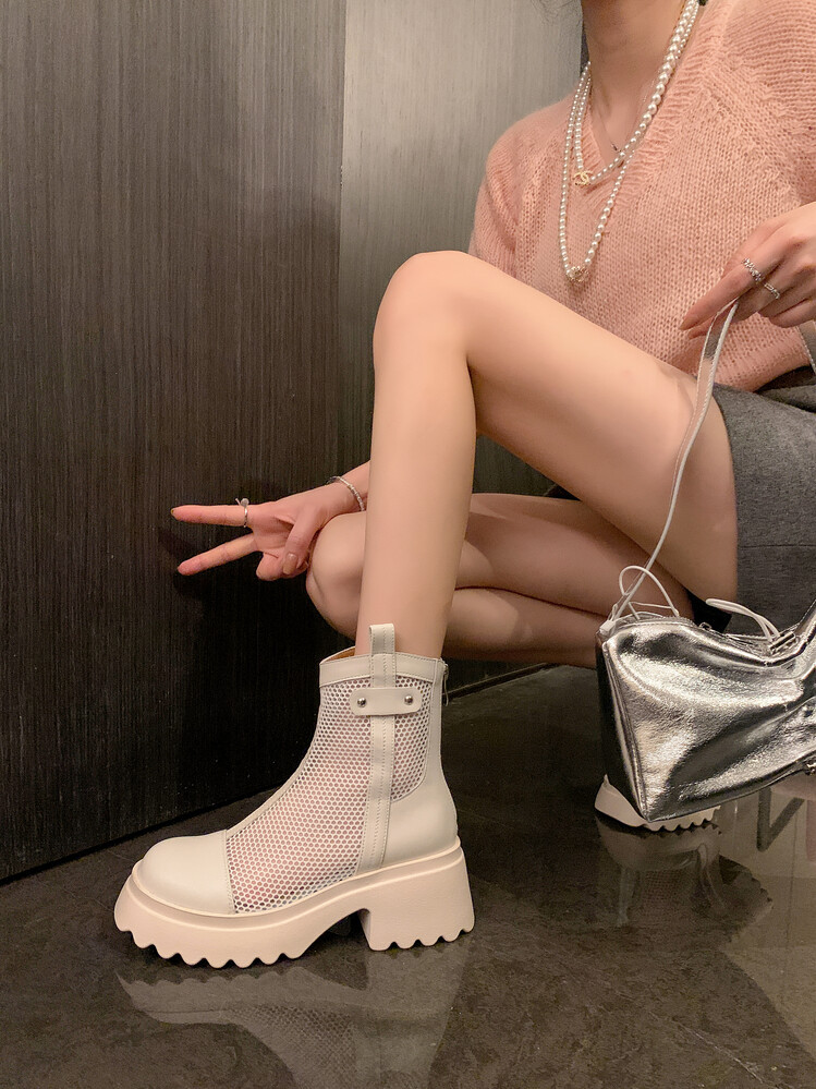 Boot nữ cổ cao đế dày gót bánh xốp da bò lưới thoáng khí xuân hè 2024 — Màu đen, Màu trắng be chi tiết 52