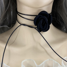 新款欧美跨境个性手工玫瑰花项链 创意长款DIY花卉绒布choker颈链