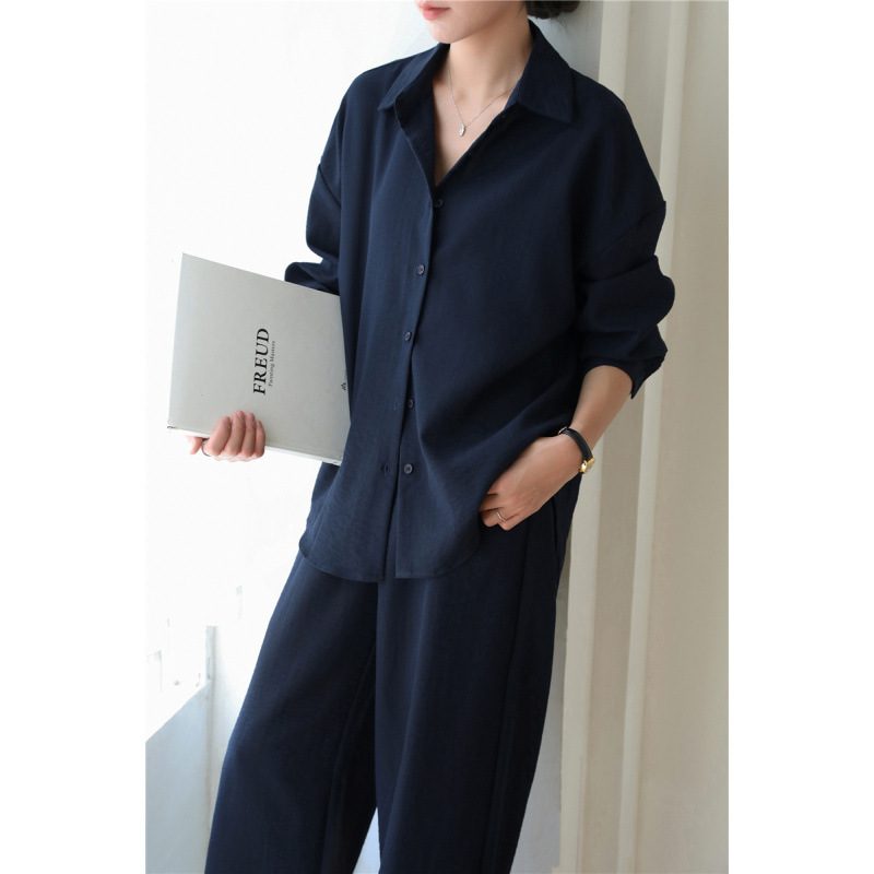 Summer Old Money Style Sun-Proof Linen Shirt Set for Women, Draped Wide-Leg Pants, Elegant Loose Two-Piece Set