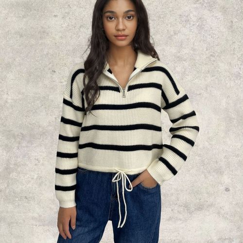 Amazon half-zipper striped sweater European and American autumn and winter new style foreign trade thickened loose pullover short sweater for women