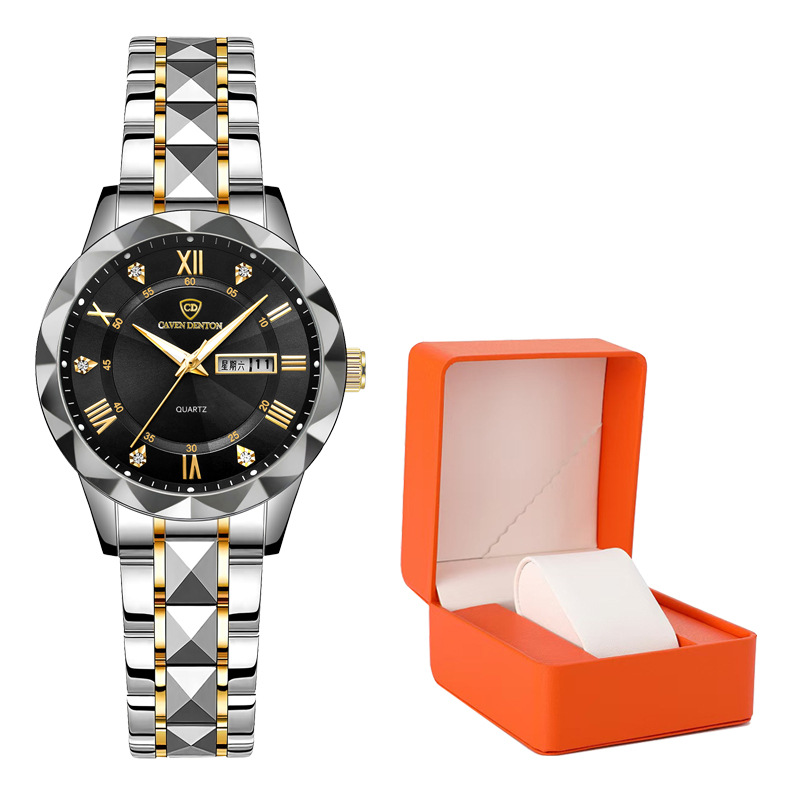 듀얼 캘린더 블랙 페이스(골드 스트랩) - 오렌지색 선물 상자