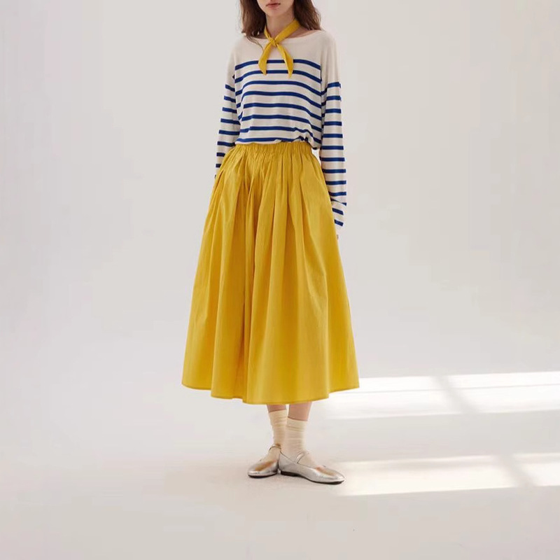 Navy Blue Stripe Loose Boat Neck Tencel Wool Long Sleeve Sweater