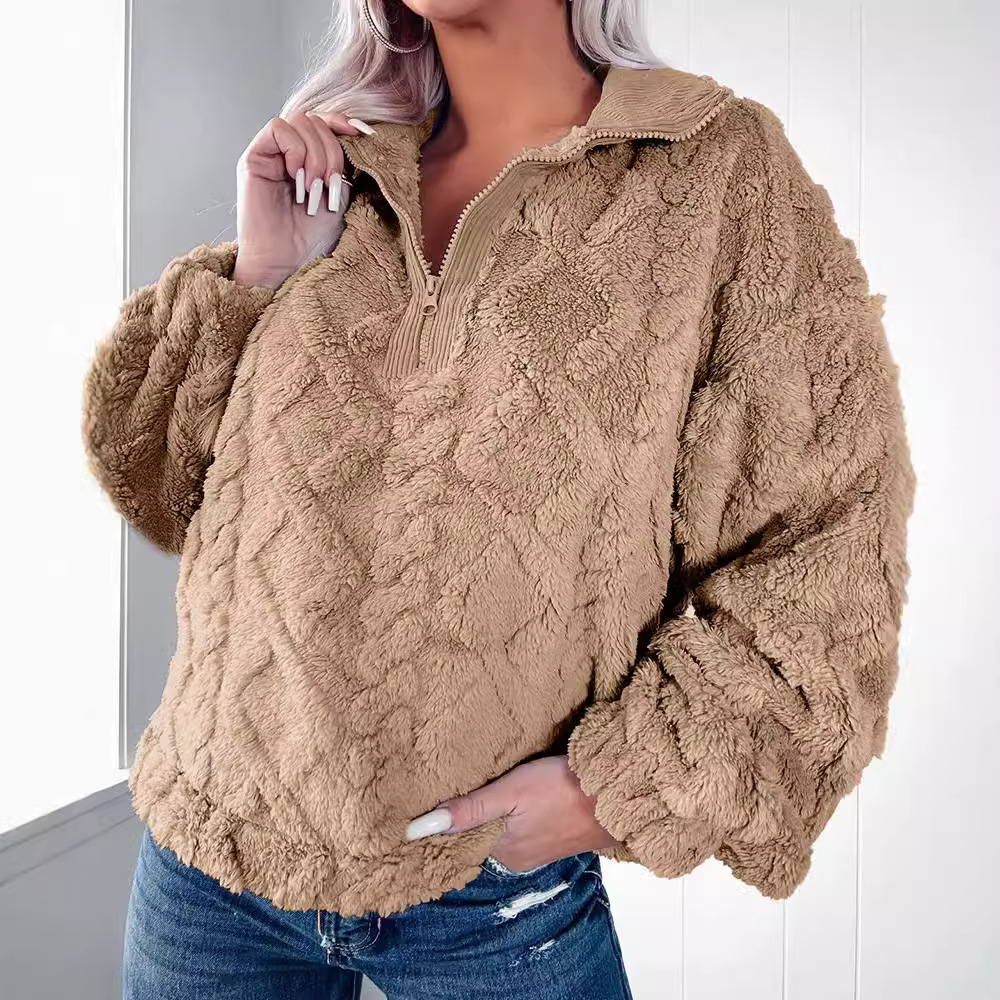 Women's Clothing simple solid color half zip stand collar loose plush pullover sweatshirt_voghion.com