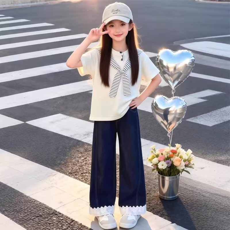 Girls' summer outfit set, trendy new style, children's shawl, short-sleeved t-shirt, girls' preppy style, fashionable Korean style.