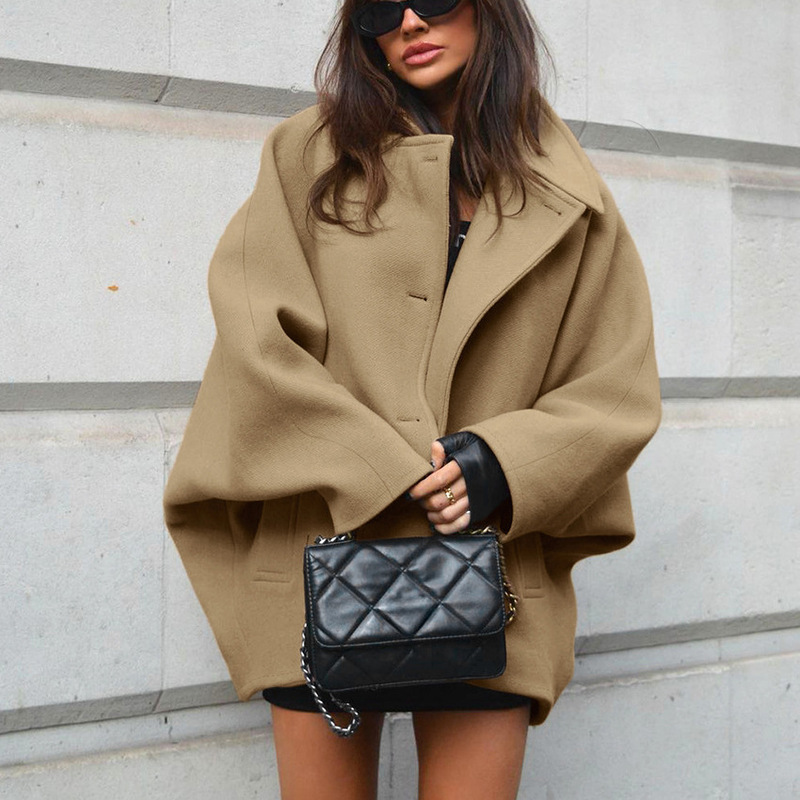 Autumn Fashion British Style Brown Woolen Coat for Women, High-End European and American Cross-Border Simple Commuter Batwing Sleeve Jacket Autumn Fashion British Style Brown Woolen Coat for Women, High-End European and American Cross-Border Simple Commuter Batwing Sleeve Jacket
