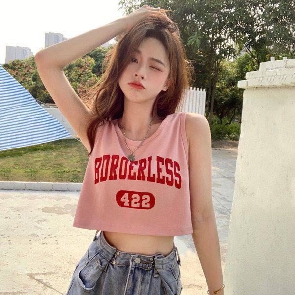 Sweet and Spicy Outerwear Camisole for Women, Summer Sleeveless Vest, Pink T-Shirt, Sports Short Top