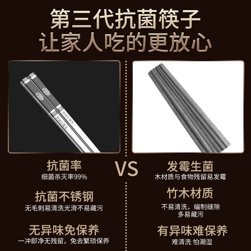 Wholesale 316 stainless steel antibacterial chopsticks for home use hollow anti-slip hotel ten pairs antibacterial gift square chopsticks boxed