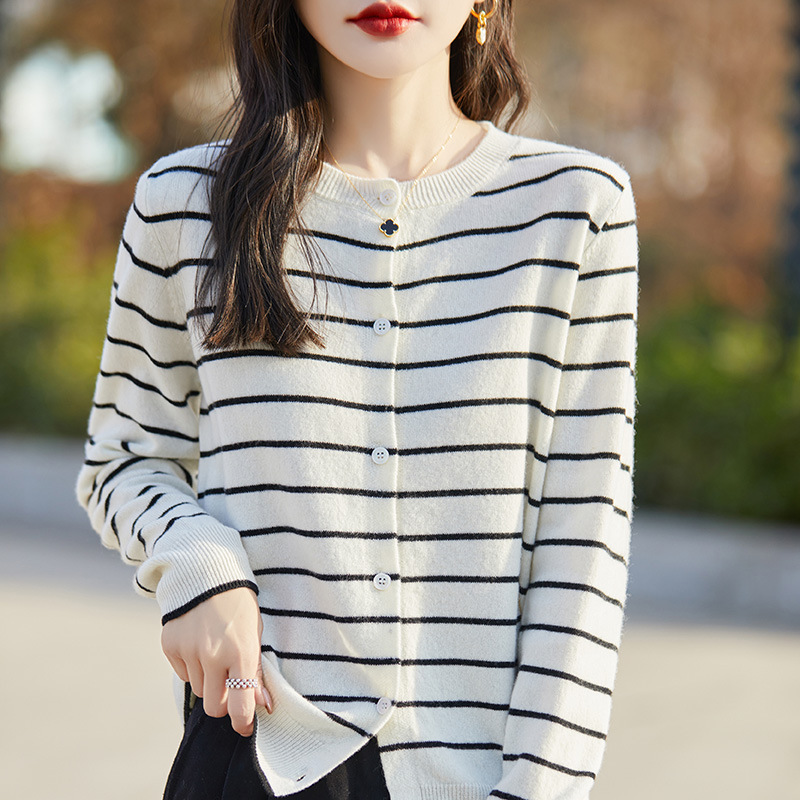 Autumn and Winter 2024 New Pure Wool Crewneck Knitted Cardigan Simple Contrast Color Striped Loose All-match Top Jacket