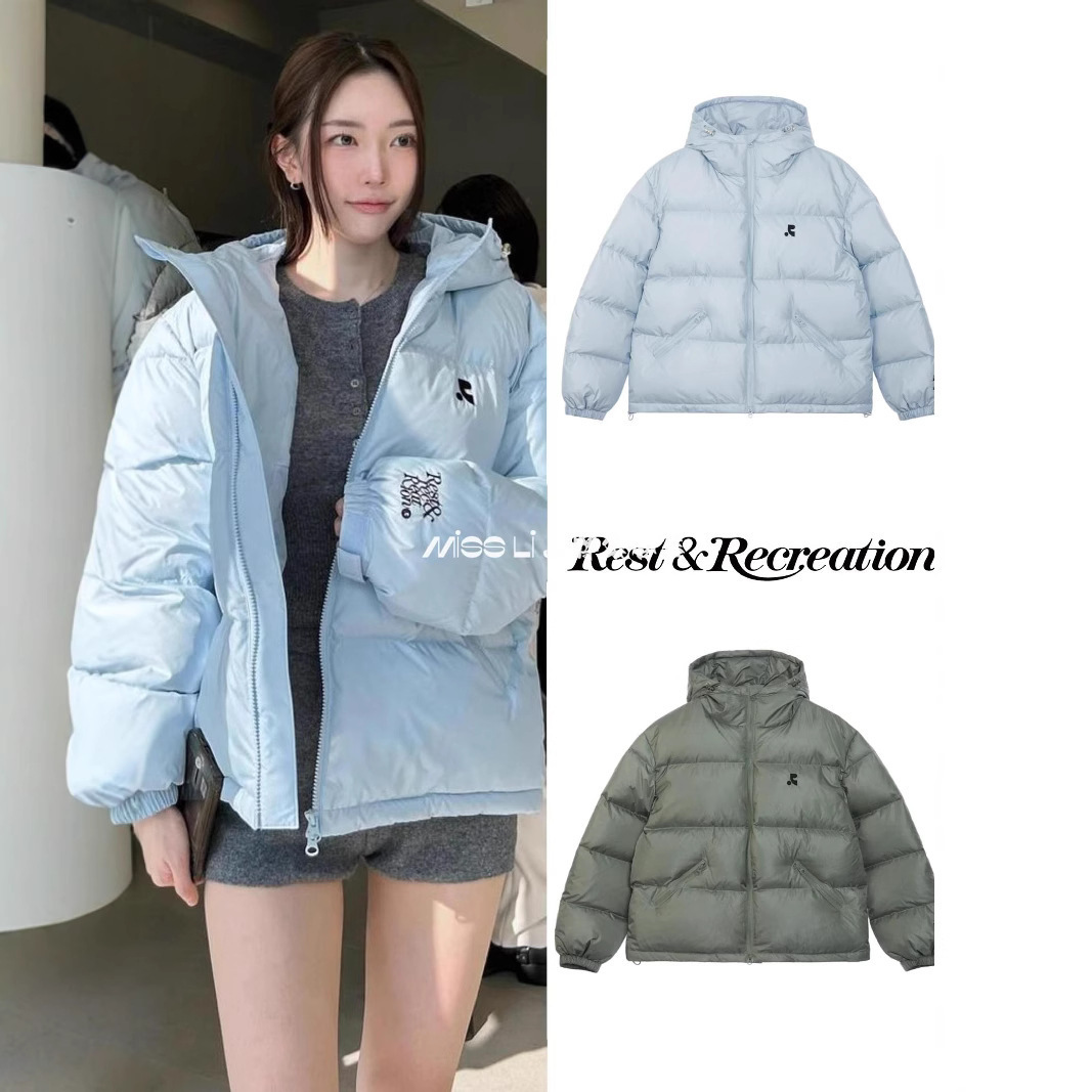 한국 틈새 트렌디 브랜드 Restandrecreation 여성용 루즈하고 두꺼운 따뜻한 RR 후드 다운 재킷